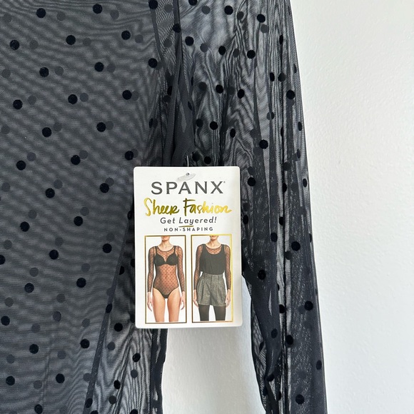 Spanx Long Sleeve Top Mesh Polka Dot Sheer Bodysuit | Size Large in Black (NWT) - Picture 6 of 10